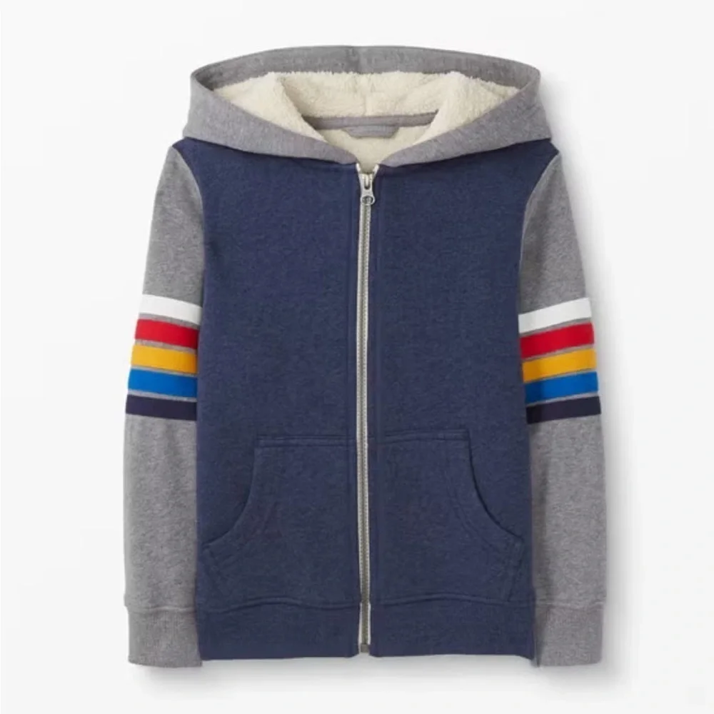 Hanna Andersson Sherpa Lined Hoodie jacket with rainbow stripe sleeves size 4